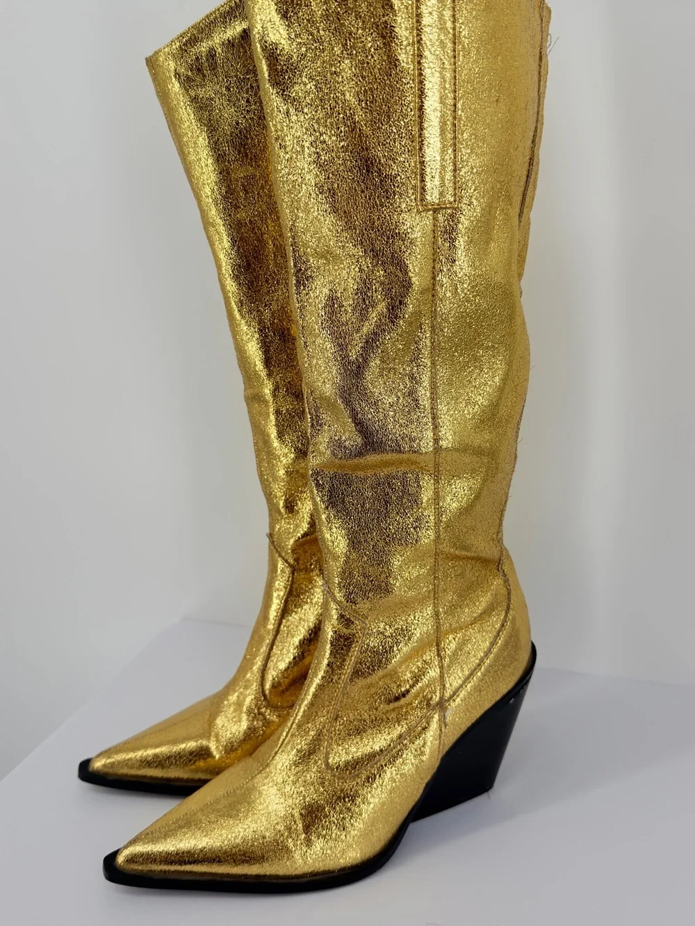 Gold Metallic Knee High Western Cowboy Boots Size 7 Pointed Toe